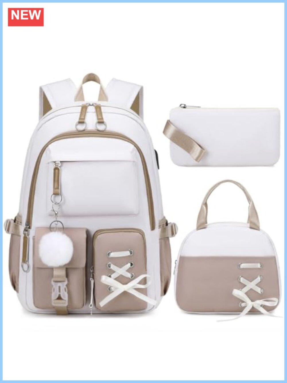 Girls 3PC Backpack Set with Lunch Bag Pencil Case USB Charging Port Water